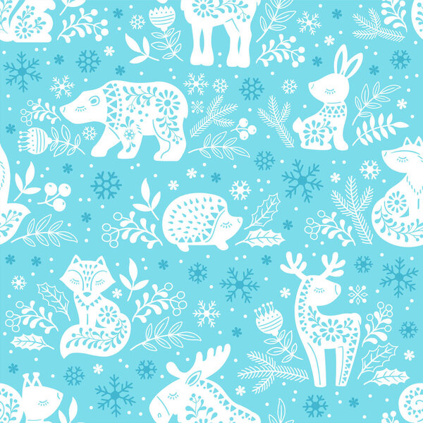 Vector seamless pattern. White patterned silhouettes of forest animals deer, bear, elk, fox, hare, squirrel, hedgehog among flowers on a blue background