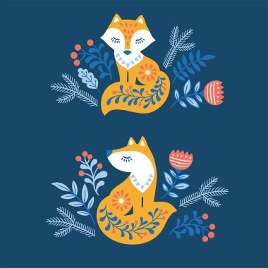 İskandinav tarzı illüstrasyonda hayvanların vektör eliyle çizilmiş hali. Mavi arka plandaki çiçekler arasında kırmızı desenli tilki silueti