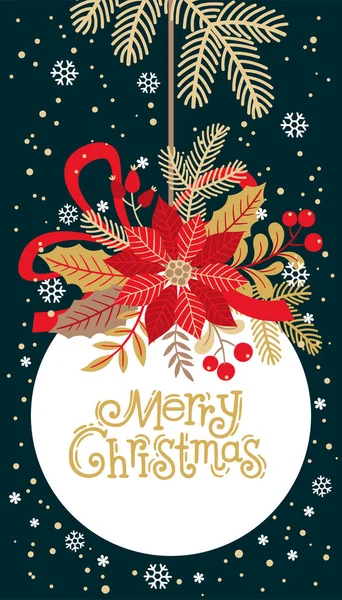 圣诞背景卡和邀请函 圣诞树球 饰有金花和挂在彩带上的圣诞树枝条 — 图库矢量图片