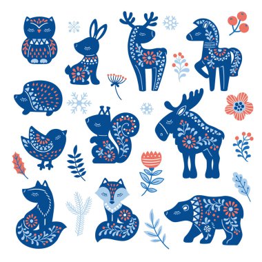 Nordic style hygge 'daki desenlerin yansıması. İskandinav tarzında vektör el çizimi hayvanlar