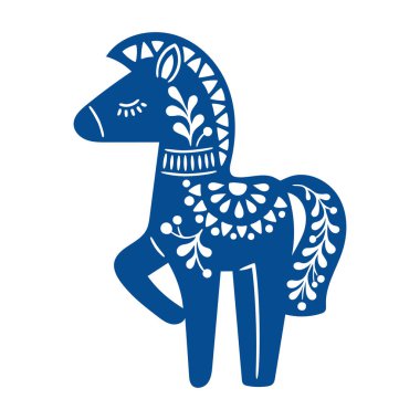 İskandinav tarzı bir hayvanın vektör eliyle çizilmiş çizimi. Beyaz arka planda izole edilmiş mavi at silueti.