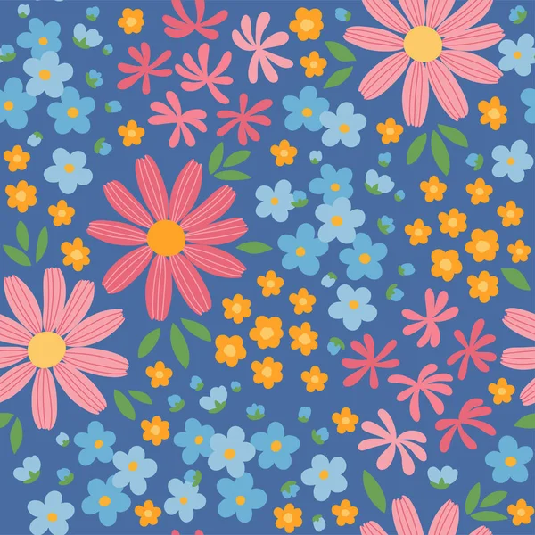 Seamless Pattern Tiny Stylized Doodle Blue Flowers Forget Nots Pink — Stock Vector