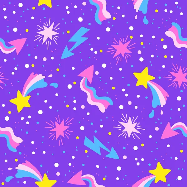 Handgezeichnete Vektor Nahtlose Muster Von Neonsternen Und Meteoriten Nachthimmel Stilisierte — Stockvektor