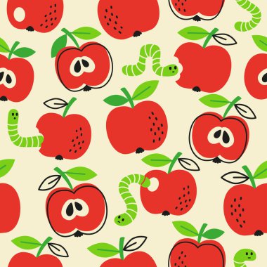Vektör el kusursuz desen çizdi. Sarı arka planda kırmızı elma ve tırtıl.