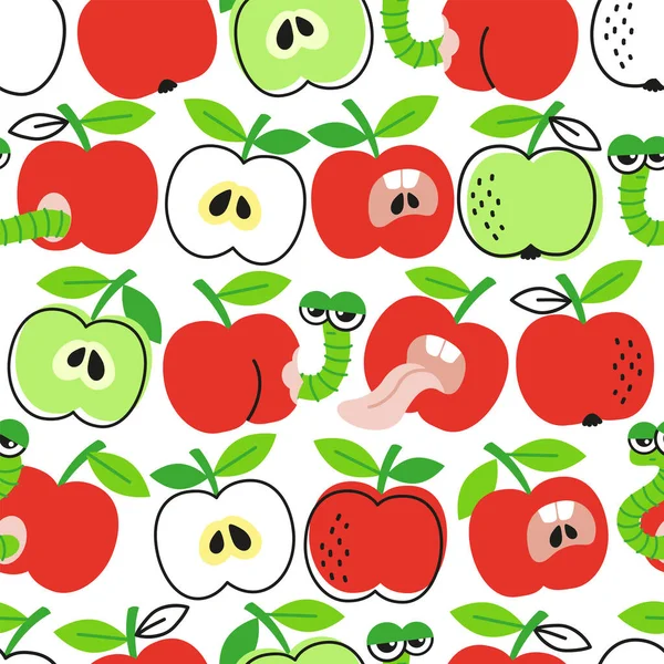 矢量手绘无缝图案 白色背景上的红 绿苹果和毛毛虫 — 图库矢量图片