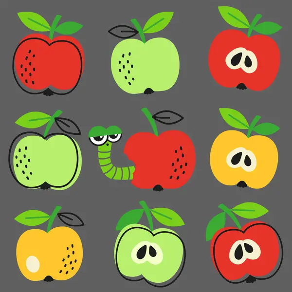 Vektör Kusursuz Desen Çizdi Kırmızı Yeşil Sarı Elmalar Koyu Arkaplanda — Stok Vektör