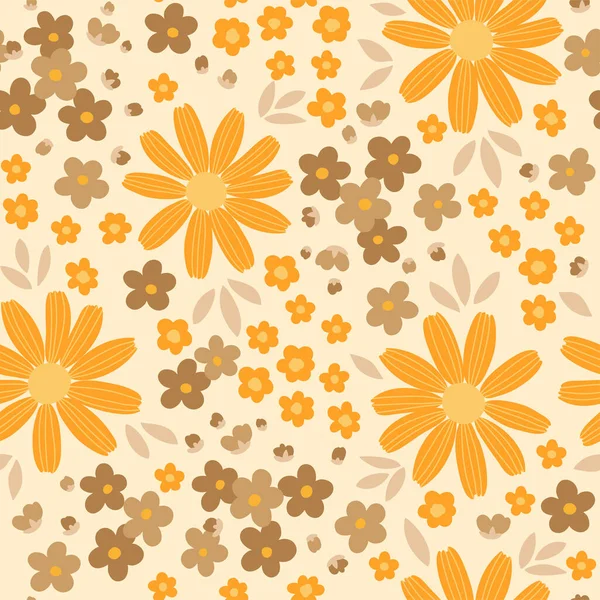 Autumn Shades Seamless Pattern Tiny Stylized Doodle Flowers Yellow Background — Stock Vector