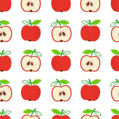 Vektör el kusursuz desen çizdi. Beyaz arka planda tam elma ve yarım elma.