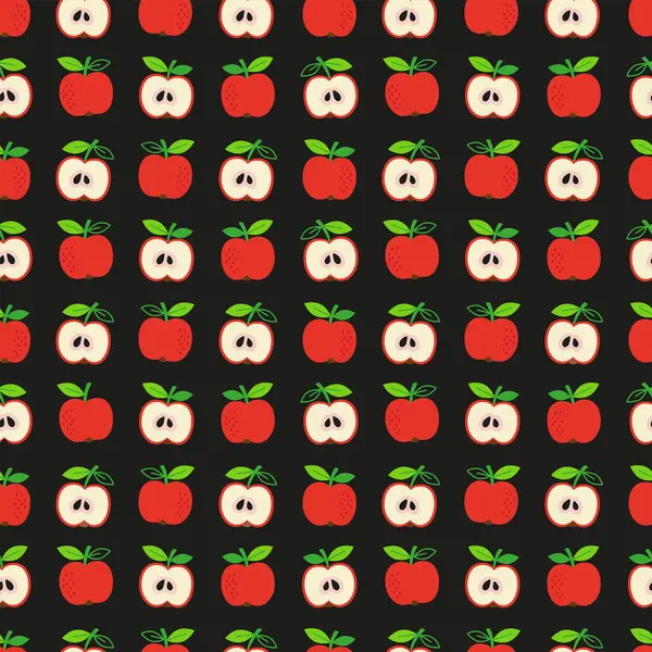 シームレスなパターンを描いたベクターハンド 黒い背景のリンゴとリンゴ全体 — ストックベクタ