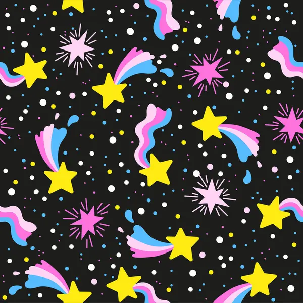Hand Drawn Vector Seamless Pattern Neon Stars Meteorites Black Night — Stock Vector