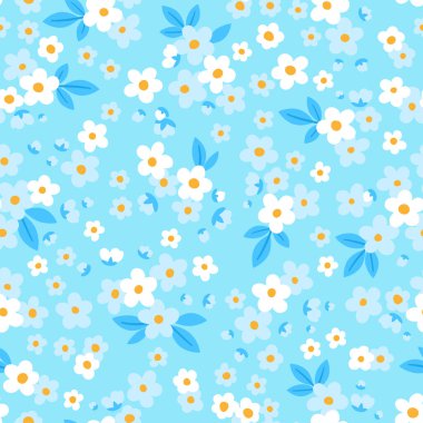 Elle çizilmiş karalama şekli. Kusursuz desenli, soluk mavi arka planda küçük, beyaz, narin çiçekler.