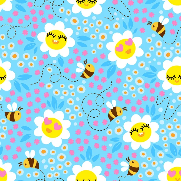 Bees Blossom Meadow Hand Drown Seamless Vector Pattern Design Pink — Stock Vector