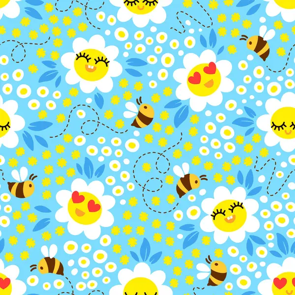 Včely Kvetoucí Louce Ručně Utopit Hladký Vektorový Vzor Konstrukce Žluté — Stockový vektor