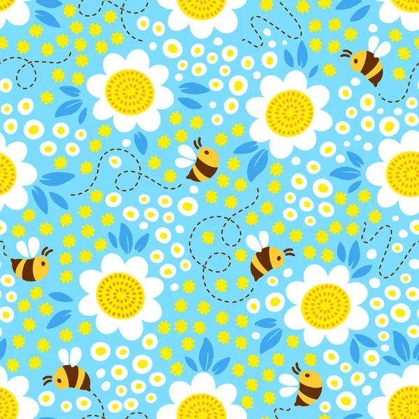 Bees Blossom Meadow Hand Drown Seamless Vector Pattern Design Yellow — Stock Vector