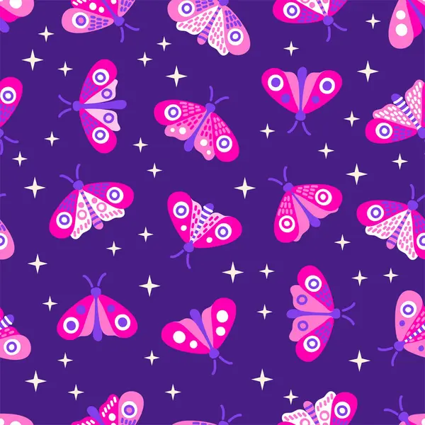 Hand Drawn Vector Seamless Pattern Neon Violet Moth Night Stylized — Stock Vector