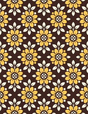 Siyah arka planda parlak turuncu ayçiçekleri olan, geçmişe dönük, pürüzsüz bir model. Duvar kağıdı ve tekstil için geometrik elmas desenli stilize çiçek