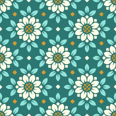 Vektör kusursuz desen. Ayçiçekleri ile retro tarzı döşeme. Duvar kağıdı, kiremit ve tekstil için geometrik kare desenli stilize çiçek