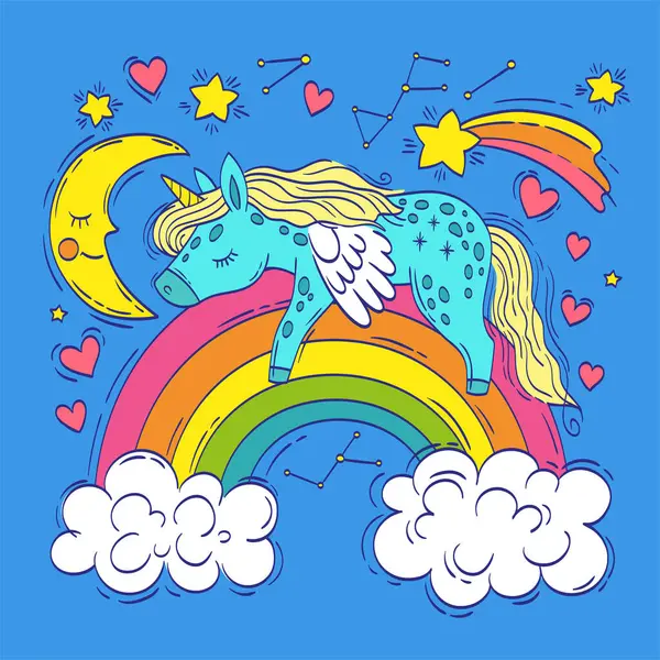 かわいいユニコーンは 月に囲まれた虹の上に眠っています ベクトルイラスト — ストックベクタ