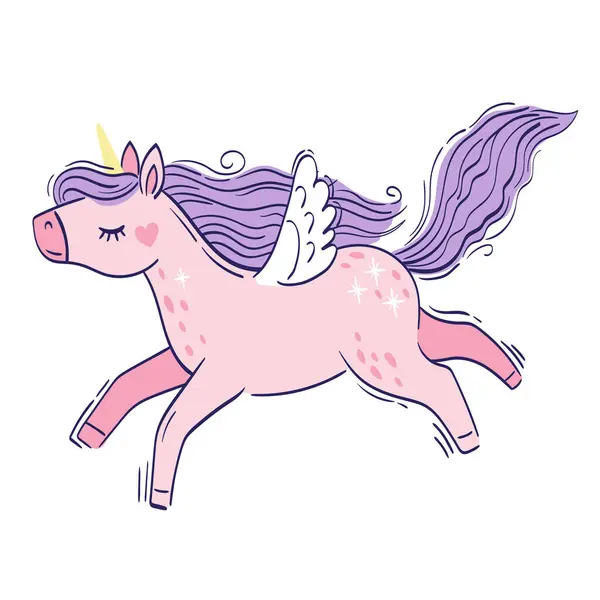 Cute Little Pink Magical Unicorn Vector Hand Drawing Illustration Isolated — Stock Vector