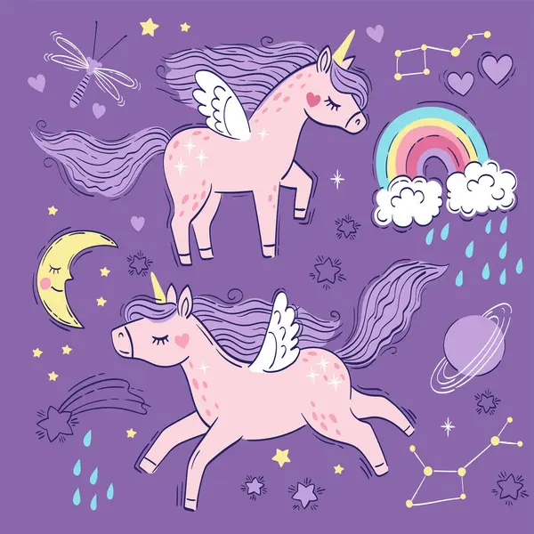 Vector Set Illustration Cute Little Pink Magical Unicorns Vector Hand — Stock Vector