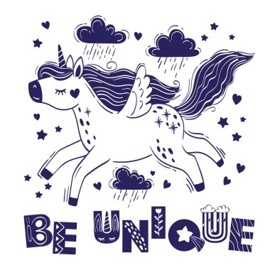 Tatlı sihirli tek boynuzlu at ve yazıt eşsiz olmalı. Beyaz arkaplanda izole edilmiş vektör el çizimi