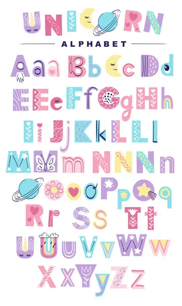 Angielski Alfabet Dla Dzieci Doodle Czcionka Plakatu Przedszkola Karty Koszulki — Wektor stockowy