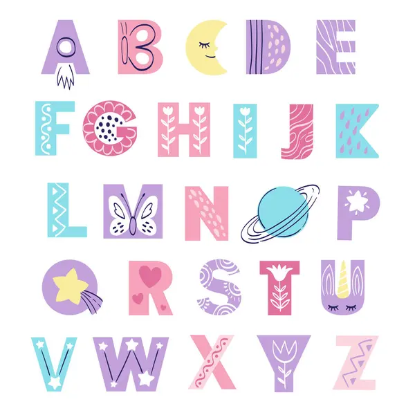 Englisches Alphabet Für Kinder Kritzelschrift Für Kinderzimmer Poster Karten Shirts lizenzfreie Stockvektoren