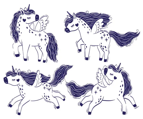 Set Vettoriale Unicorno Bianco Nero Illustrazione Disegno Mano Isolato Sfondo — Vettoriale Stock