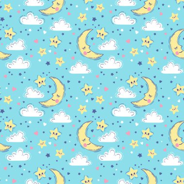Vektör el kusursuz desen çizdi. Uyuyan gülümseyen ay, yıldızlar, bulutlar. Gece gökyüzü, mavi renkli bebek baskısı