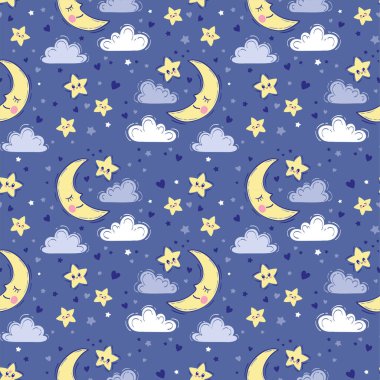 Vektör el kusursuz desen çizdi. Uyuyan gülümseyen ay, yıldızlar, bulutlar. Gece gökyüzü, mavi renkli bebek baskısı