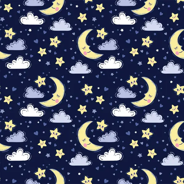 Vector Hand Drawn Seamless Pattern Cute Background Sleeping Smiling Moon — Stock Vector