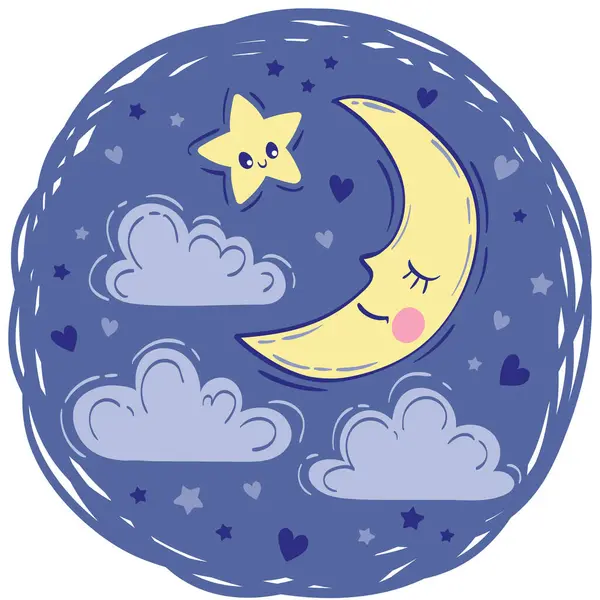Mond Gleitet Zwischen Flauschigen Wolken Vektor Handgezeichnete Illustration Auf Blauem Stockvektor