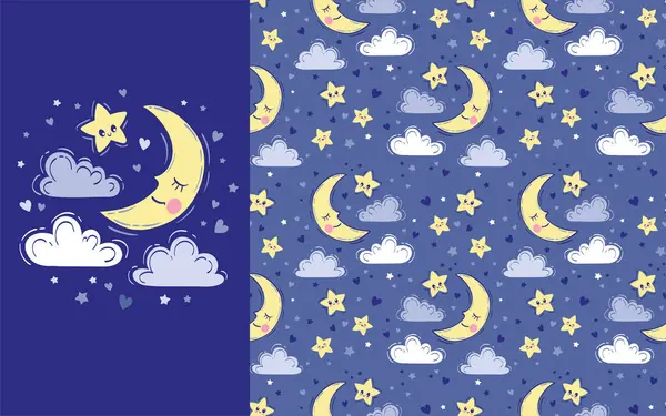 シームレスなパターンを描いたベクターハンド 笑顔の月 雲で眠っているかわいい背景 ナイトスカイ ブルーカラーのベビープリント ストックベクター