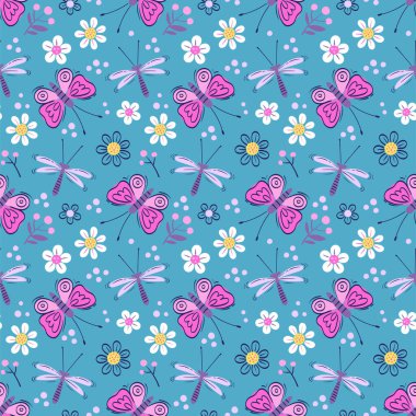 Kelebekler ve yusufçuklarla el çizimi kusursuz bir desen. Mavi arka planda stilize böcekler ve çiçekler