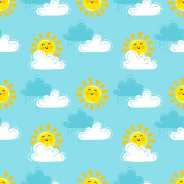 El çizimi vektör çizimi. Şirin kabarık bulutları ve mavi gökyüzünde gülümseyen güneşi olan kusursuz bir desen.