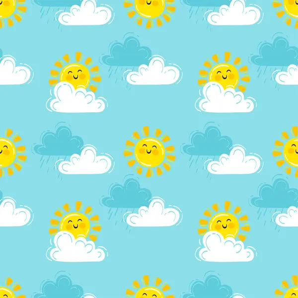 手描きベクターイラスト かわいいふわふわの雲と青空の笑顔の太陽でシームレスなパターン ロイヤリティフリーのストックイラスト