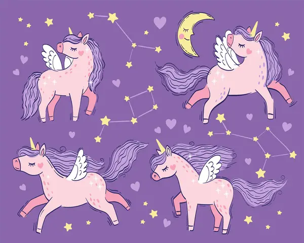 Set Vektor Ilustrasi Unicorn Ajaib Merah Muda Yang Lucu Vektor Stok Ilustrasi 
