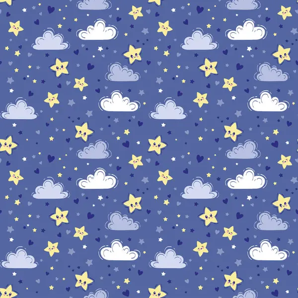 Vector Hand Drawn Seamless Pattern Cute Background Smiling Stars Night Gráficos De Vetores