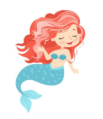 El boğma vektör çizimi. Beyaz arka planda pembe saçlı güzel bir denizkızı.