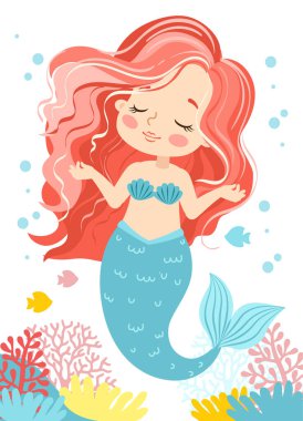 Güzel Kız Denizkızı 'nın el boğma vektör çizimi. Mercan resiflerinin sualtı yaşamı