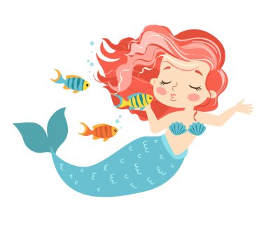 Güzel Kız Denizkızı 'nın el boğma vektör çizimi. Mercan resiflerinin sualtı yaşamı