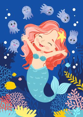 Dikey arkaplanın vektör illüstrasyonu. Mercan resiflerinin sualtı yaşamı