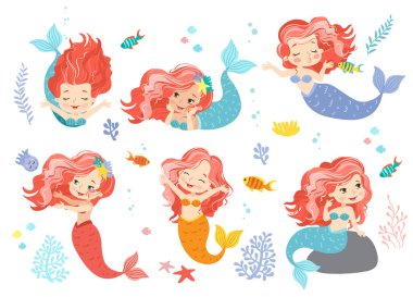 Pembe saçlı güzel kız denizkızının el boğma vektör çizimi. İzole edilmiş resimleme seti
