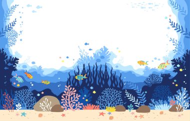 Illustration of underwater sea life of a coral reef. Hand drawn vector background clipart