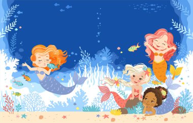 Sevimli denizkızlarının el çizimi çizimi. Çocuklar için çizgi film geçmişi. Mercan resiflerinin sualtı yaşamı