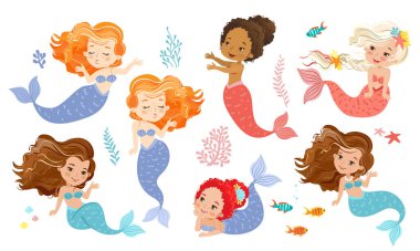 Güzel Kız Denizkızları 'nın el boğma vektör çizimi farklı etnik köklerden. Beyaz arkaplandaki izole karakterler ve elementler