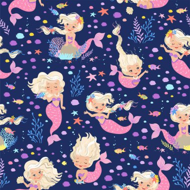 Vektör kusursuz desen. Balık yosunları ve mercanların arasında yüzen güzel sarışın denizkızları..