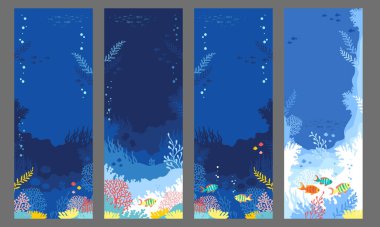 Mercan resifinin el çizimi vektör çizimi. Yer imleri, kartlar, davetler için mavi palet renklerinde dikey arkaplan seti