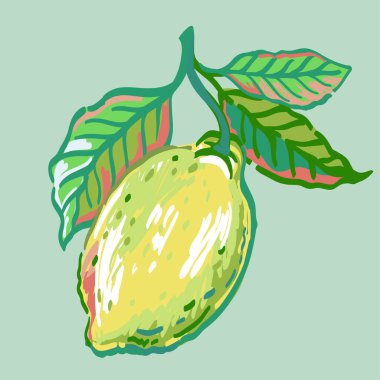 Dalların, meyve, çiçek ve yapraklı limon ağacının temsili çizimi. Kalem stilinde parlak olgun narenciye meyvesi çizimleri koyu arkaplanda çizilir