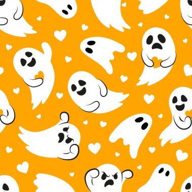 Tatlı küçük hayaletlerle kusursuz bir Cadılar Bayramı deseni. Turuncu arka planda beyaz hayaletler. Kumaş, kağıt, tekstil, kart tasarımı için desen